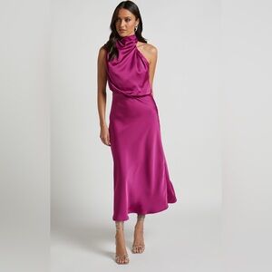 Showpo Minnie Midi Dress drape neck satin slip in grape